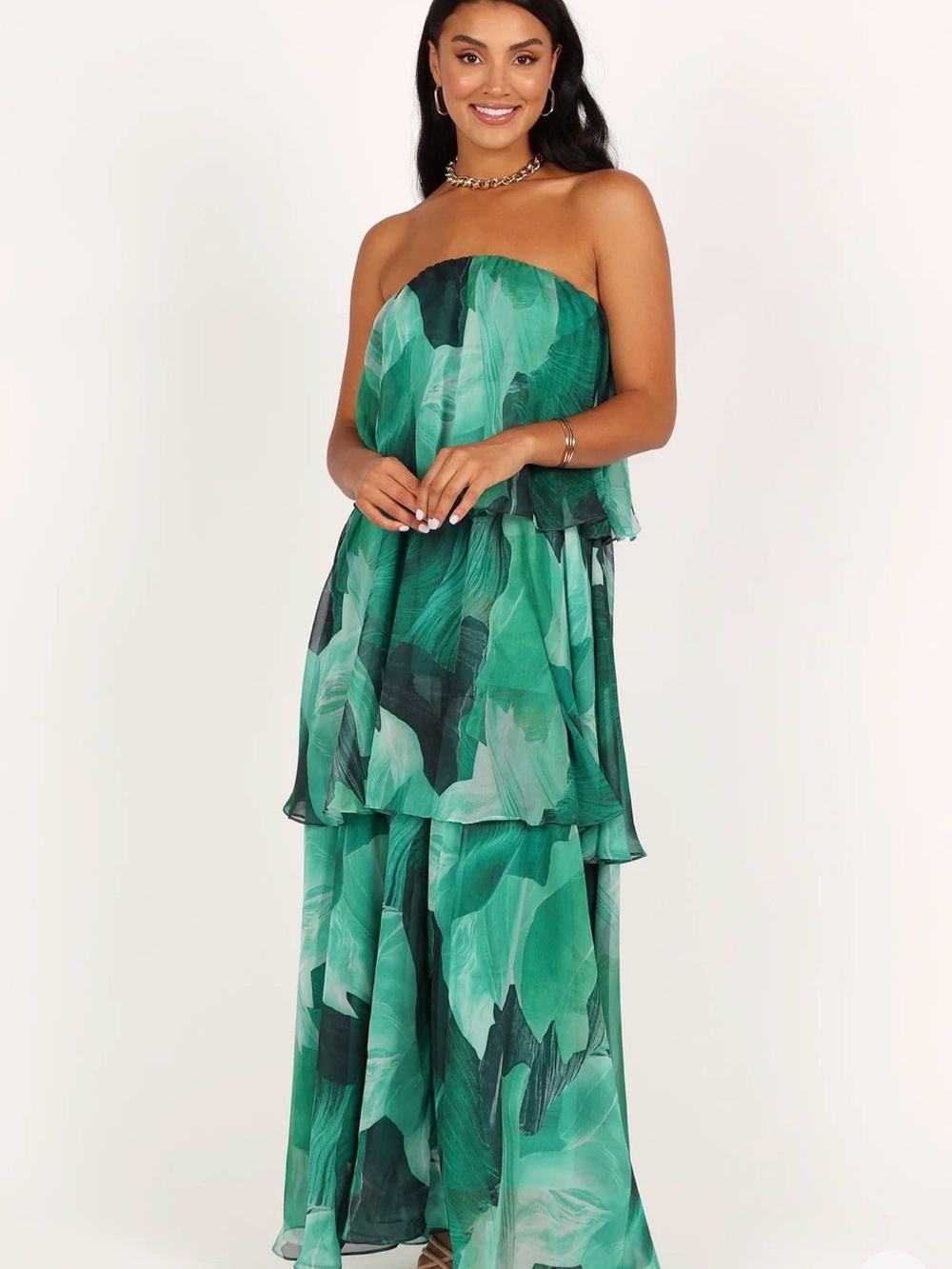 Petal & Pup Green Printed Strapless Tiered Maxi Dress